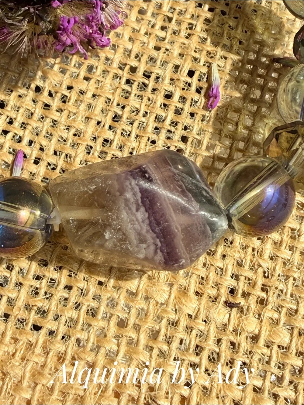 Iridescent Gray Aura Quartz and Purple  fluorite Crystal Bead Bracelet